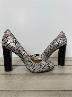 Calvin Klein Snake Print Metallic Dotted Junie Block Heels Size 7.5 EUC